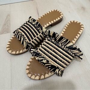 NWOT Marea Fringed Straw & Leather Sandals Slides Flats Black Cream Women's 6